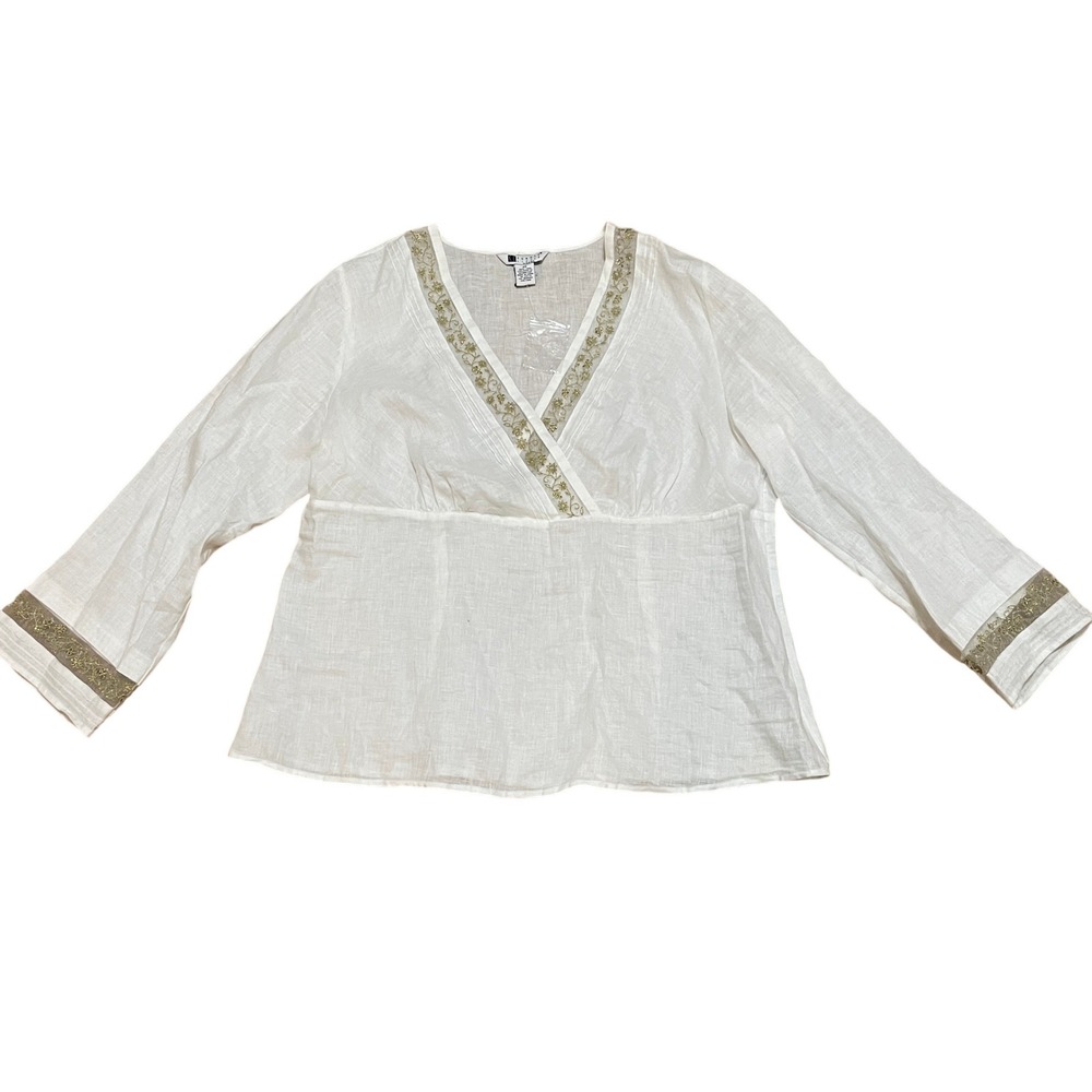 Carole Little Women's 2X White Linen Embroidered Sheer‎ Beaded V-Neck Top NWT